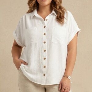 JOLIE & JOY White Oversized Boxy Button Down Slub Cotton Rolled Cuff Shirt 3X